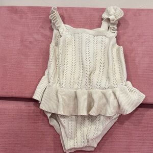 Little Planet 12m Organic Ruffled Knit One-Piece Bodysuit in Cream